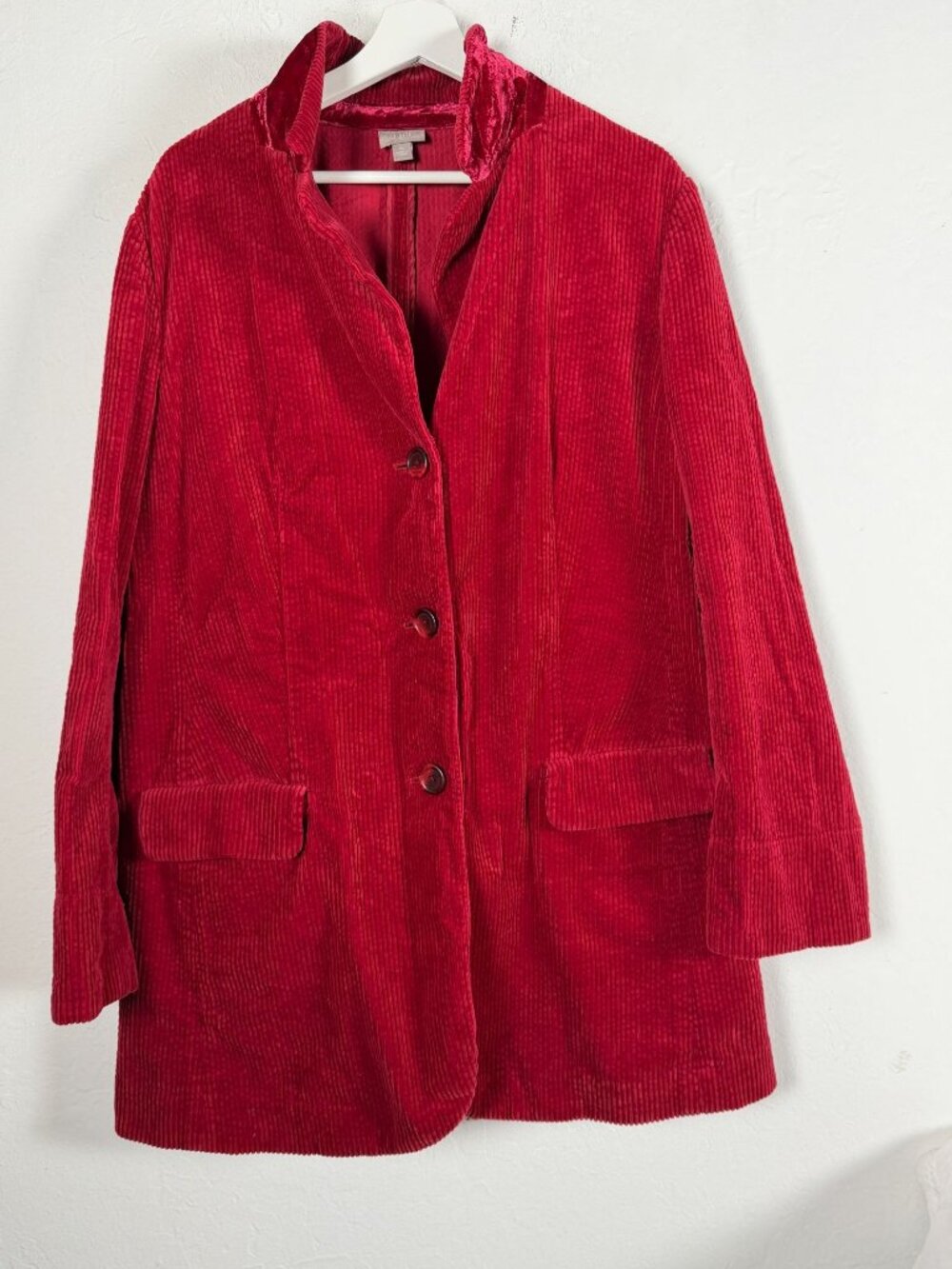 J.Jill Red Corduroy Velvet Trim Long Button Front Blazer Coat Jacket Pockets XL - Picture 1 of 10